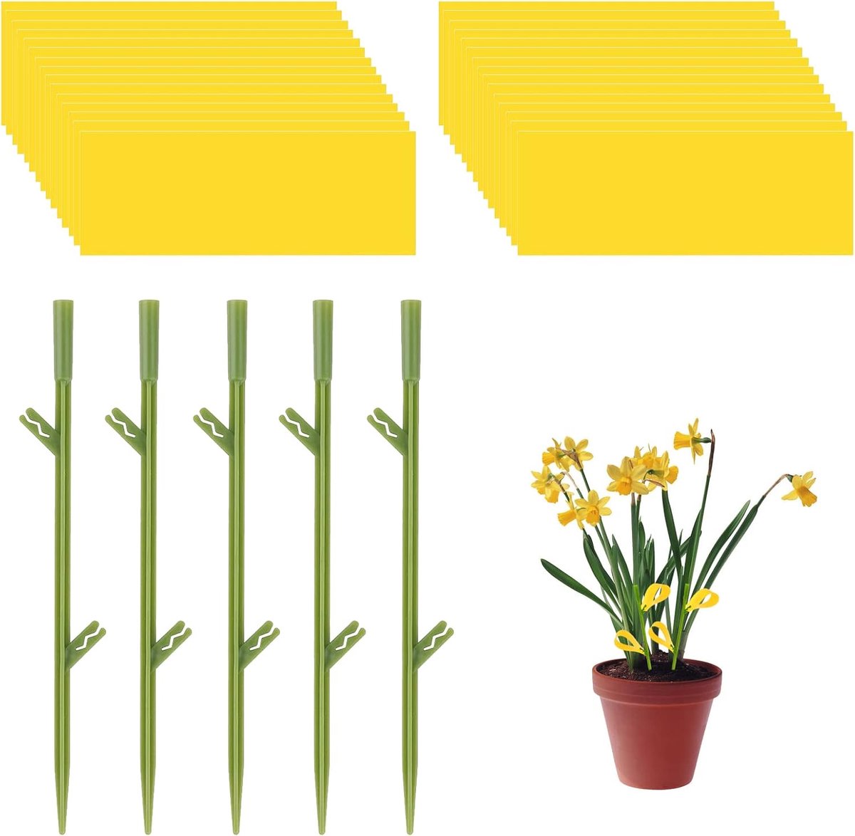Vallen, 5 aardstekkers + 30 kleverige strips, veilig UV-bestendig, plantenvanger voor binnen en buiten voor pottuin