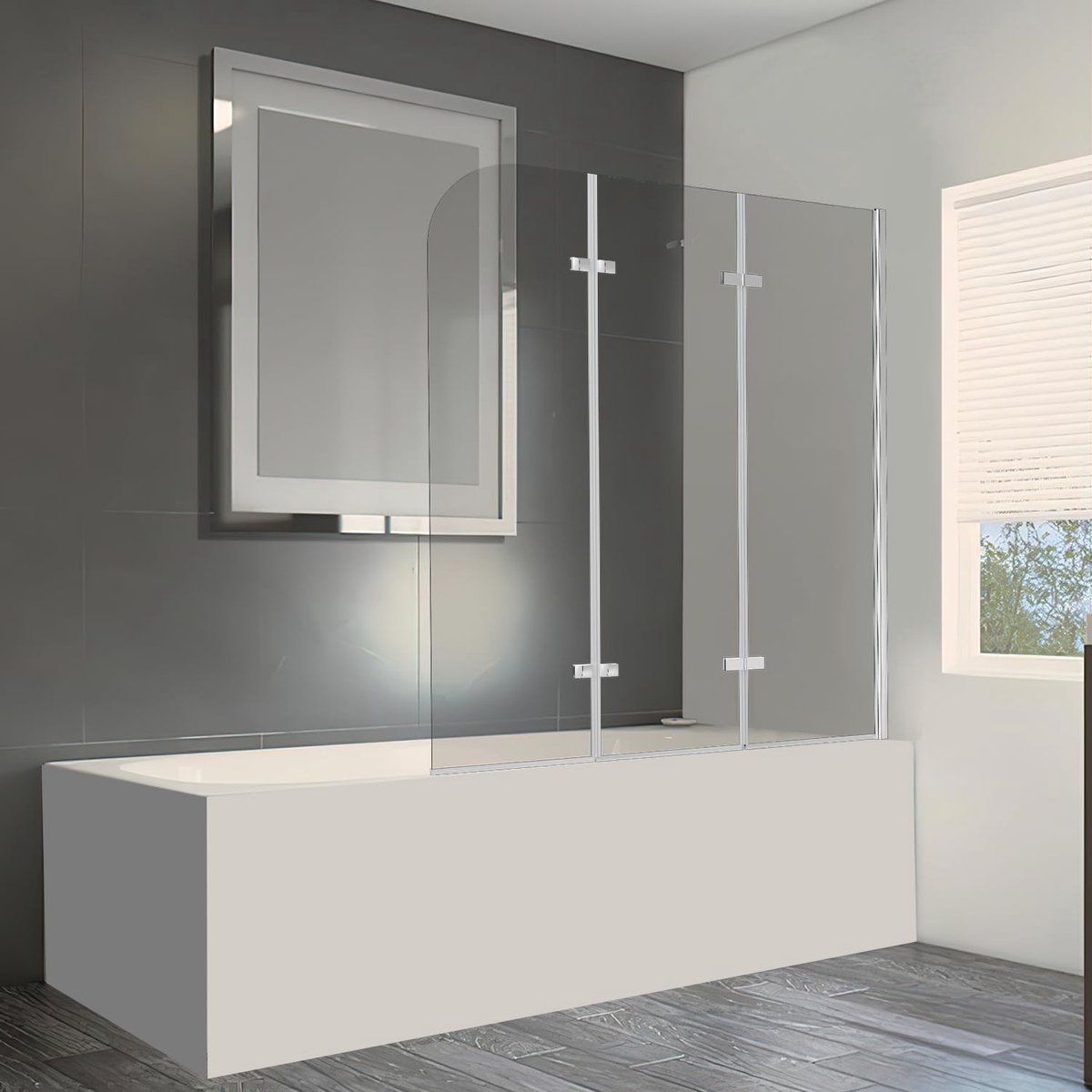 Douchewand voor badkuip, 120 x 140 cm, 3-delige glazen douchewand van 6 mm veiligheidsglas (ESG), opzetstuk voor badkuip, transparant zilver