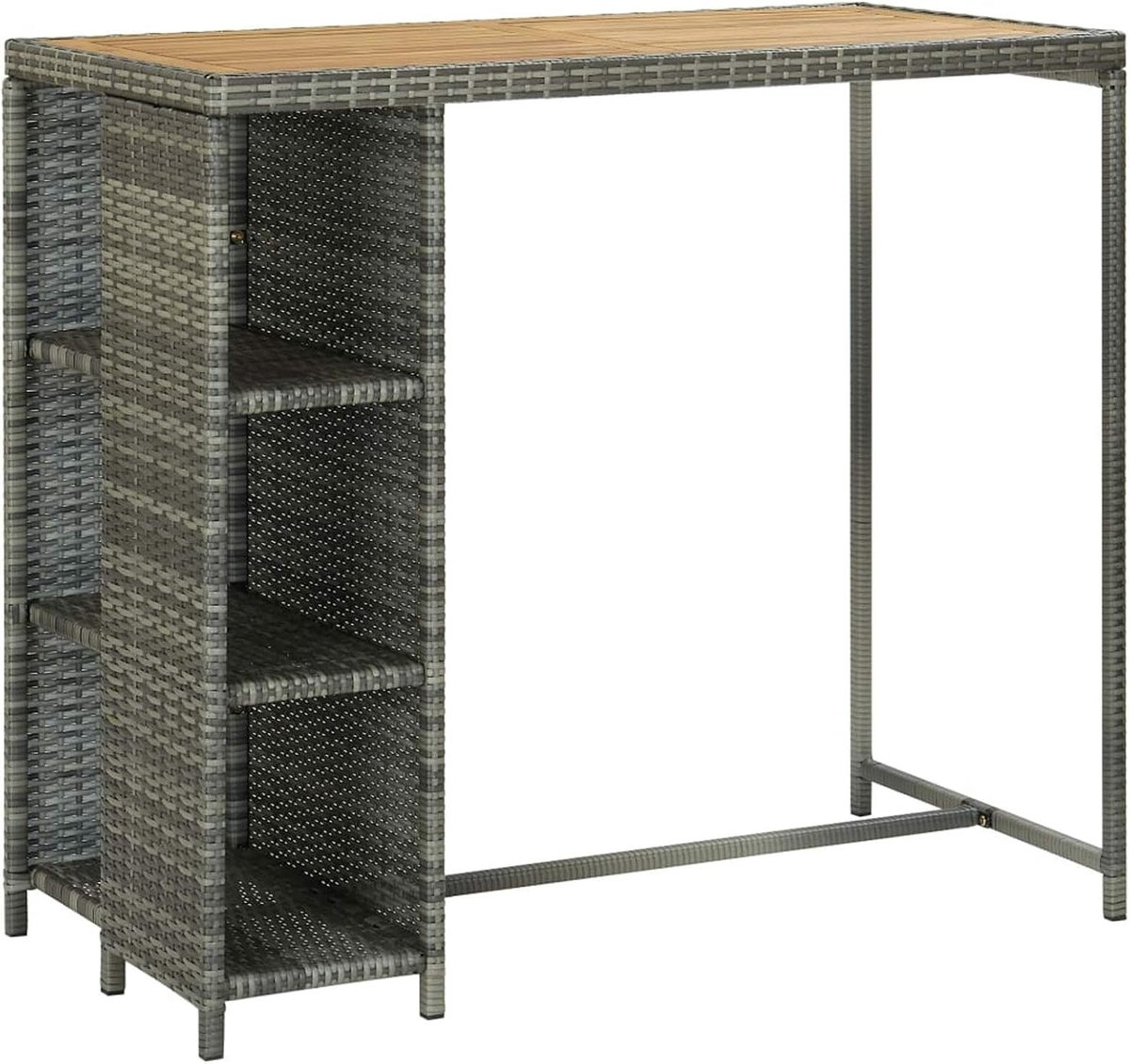 Bartafel voor de tuin en buiten, met planken van polyrotan en hout, 120 x 60 x 110 cm, schiereiland met legplank, hoge tafel van rotan, bartafel voor buiten, terras