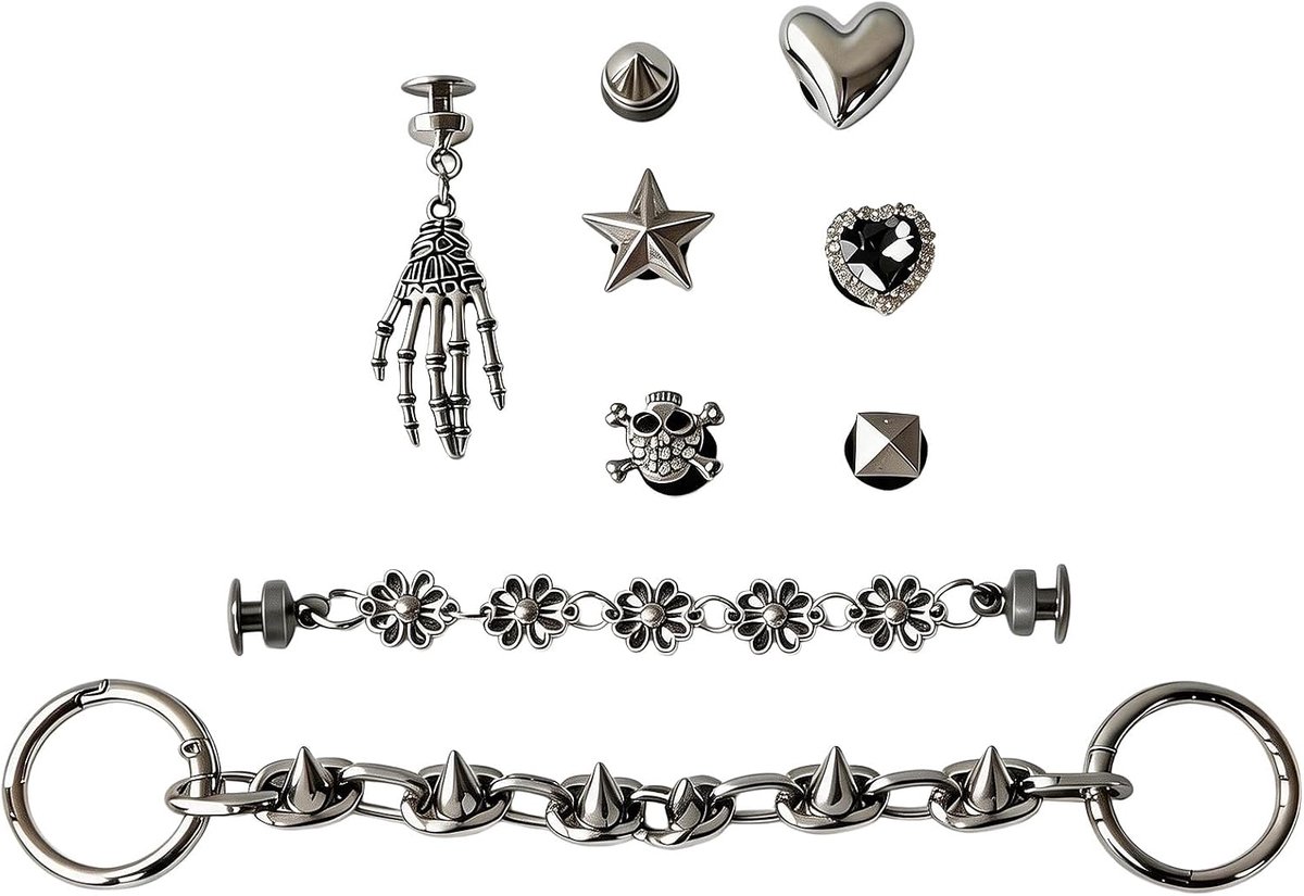 Gothic-schoenenkettingen met metalen spikes en kunstdiamanten, punkrock-biker-sieraden voor klompen, Y2K Goth-accessoires voor dames en heren, eenheidsmaat, gelegeerd staal, zonder edelsteen