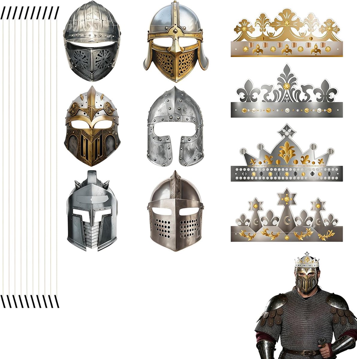 20-delige ridder helm set van karton, middeleeuwse maskers en kronen voor volwassenen, ridderfeest decoratie voor verjaardag, carnaval, rollenspel en themafeest