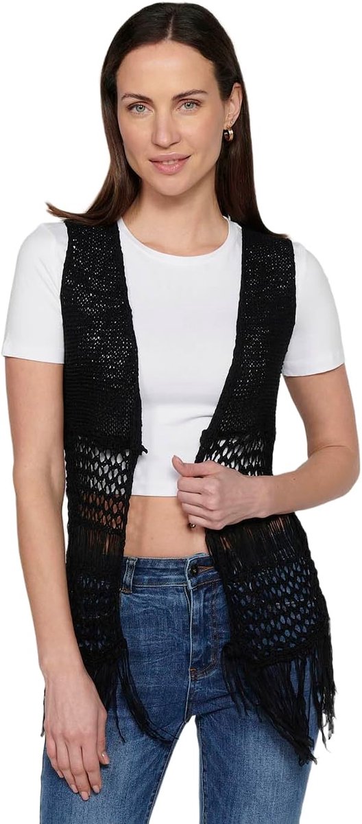 Damesvest met franjes, zwart