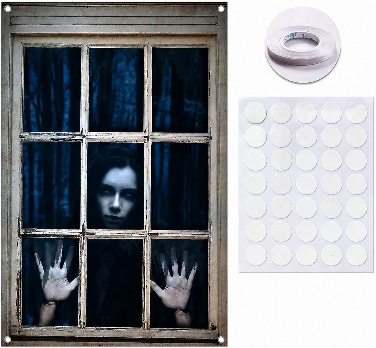 1 set Halloween-raamdecoratie met 10 m lint en plakstippen, griezelige raamafbeeldingen voor thuis en feesten, geschikt voor Halloween en griezelige decoratieve evenementen