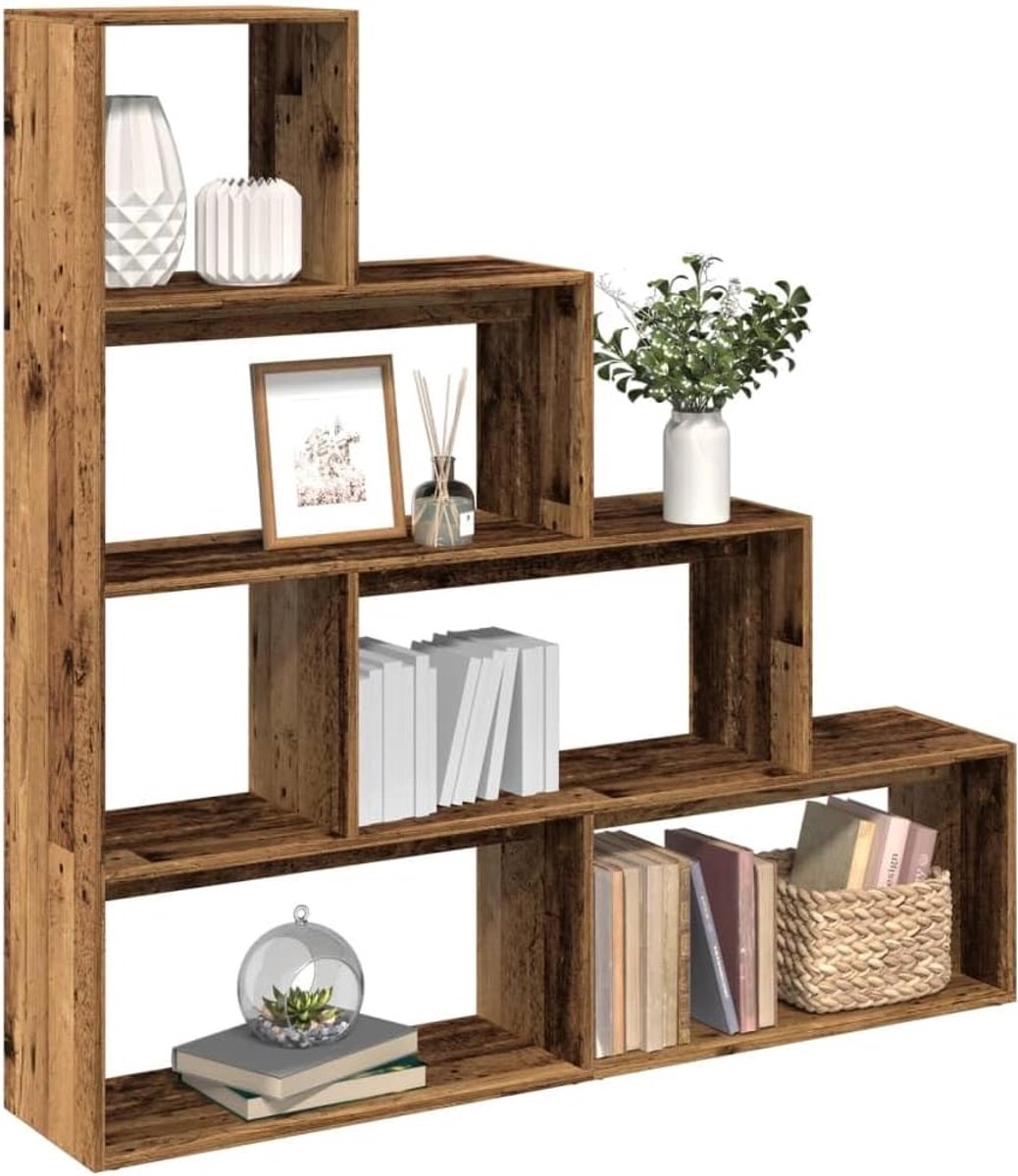 Boekenkast met 4 niveaus in oud houtlook als ruimteverdeler, houtmateriaal,