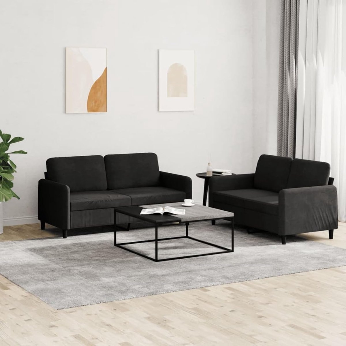 2-delige bankstel zwart fluweel, gestoffeerde bank zitgroepen bank voor woonkamer appartement kantoor logeerkamer 3201979