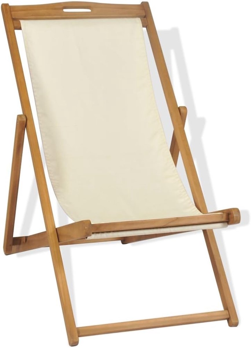 Zonnebed, inklapbaar, relaxstoel, houten ligstoel voor tuin, strand en camping, 56 x 105 x 96 cm, crème/blauw teak