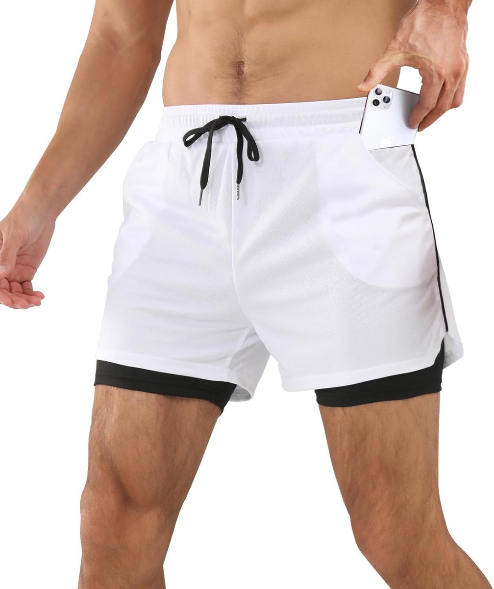 Shorts, 2-in-1 shorts voor heren, ademende sportshorts met zak, korte hardloopbroek, sneldrogend
