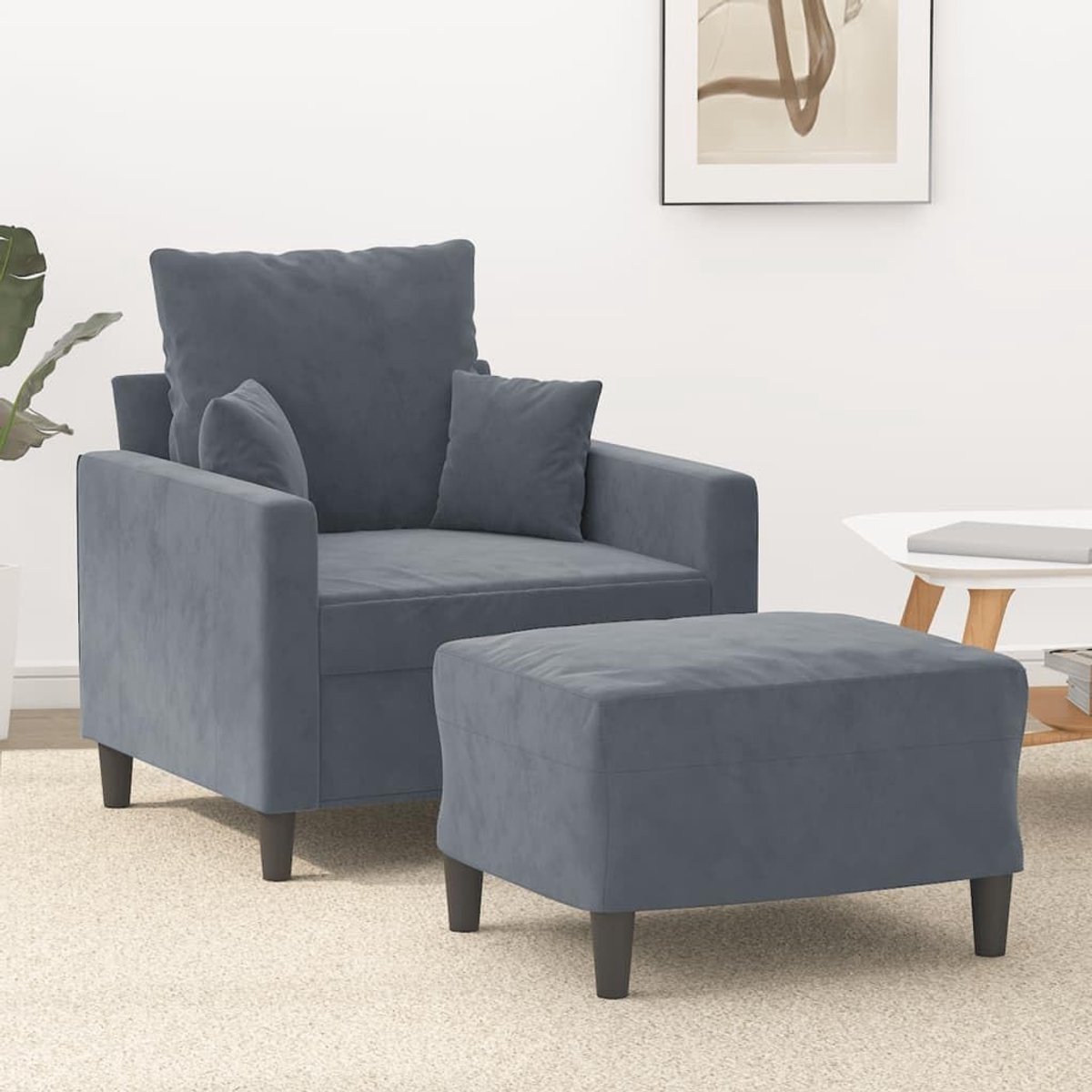 Grijze fluwelen stoel met kruk 60 cm breedte duurzaam velours comfortabele bekleding robuust metalen frame woonkamer zitgroep ontspanning leesstoel ruimtebesparend