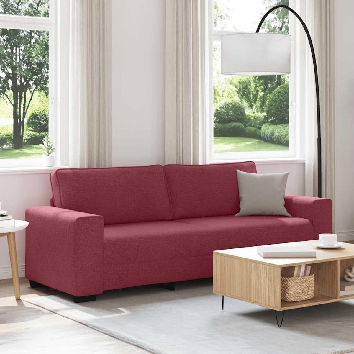 3-zitsbank, wijnrood, 220 x 77 x 82 cm, stof, voor woonkamer, zitmeubel met brede armleuningen en robuust houten metalen frame voor hoog comfort