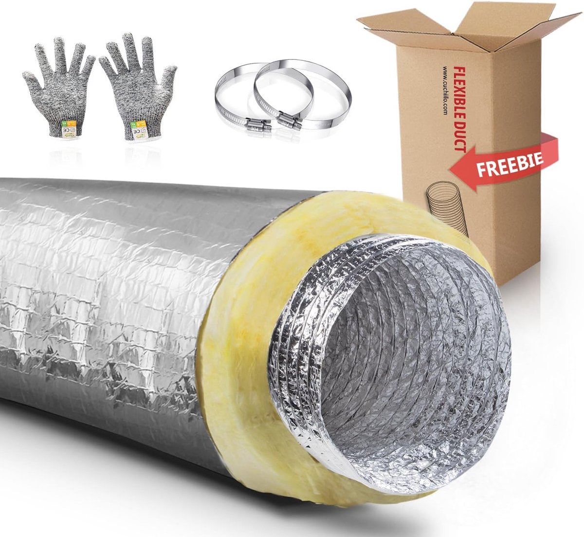 Flexibele buis R4.2 met Owens Corning glasvezel - 150 mm x 7,62 m, HVAC-ventilatieslang, geluidsreductie, energiezuinig, handschoenen en klemmen inbegrepen