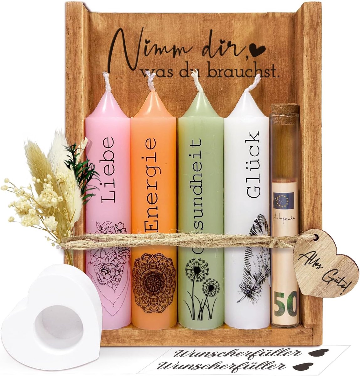 Kaarsencadeauset, neem je wat je nodig hebt, kaarsen, cadeaus voor vriendin, vrouwen, mama, geldcadeaus voor verjaardag, bruiloft, met kaarsenhouder, houten kist, gedroogde bloemen