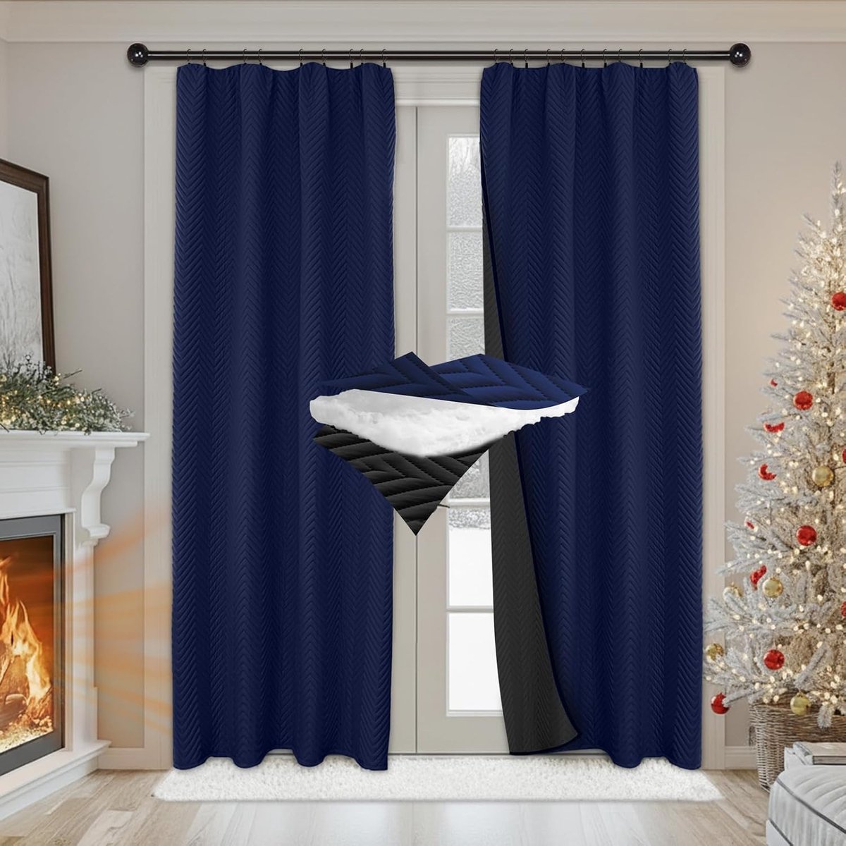 Koudebescherming, plooiband, set van 2 stuks, verdikking, warmte-isolerend, tegen kou, voor slaapkamer en woonkamer, 260 x 140 cm (h x b), marineblauw, 2 stuks