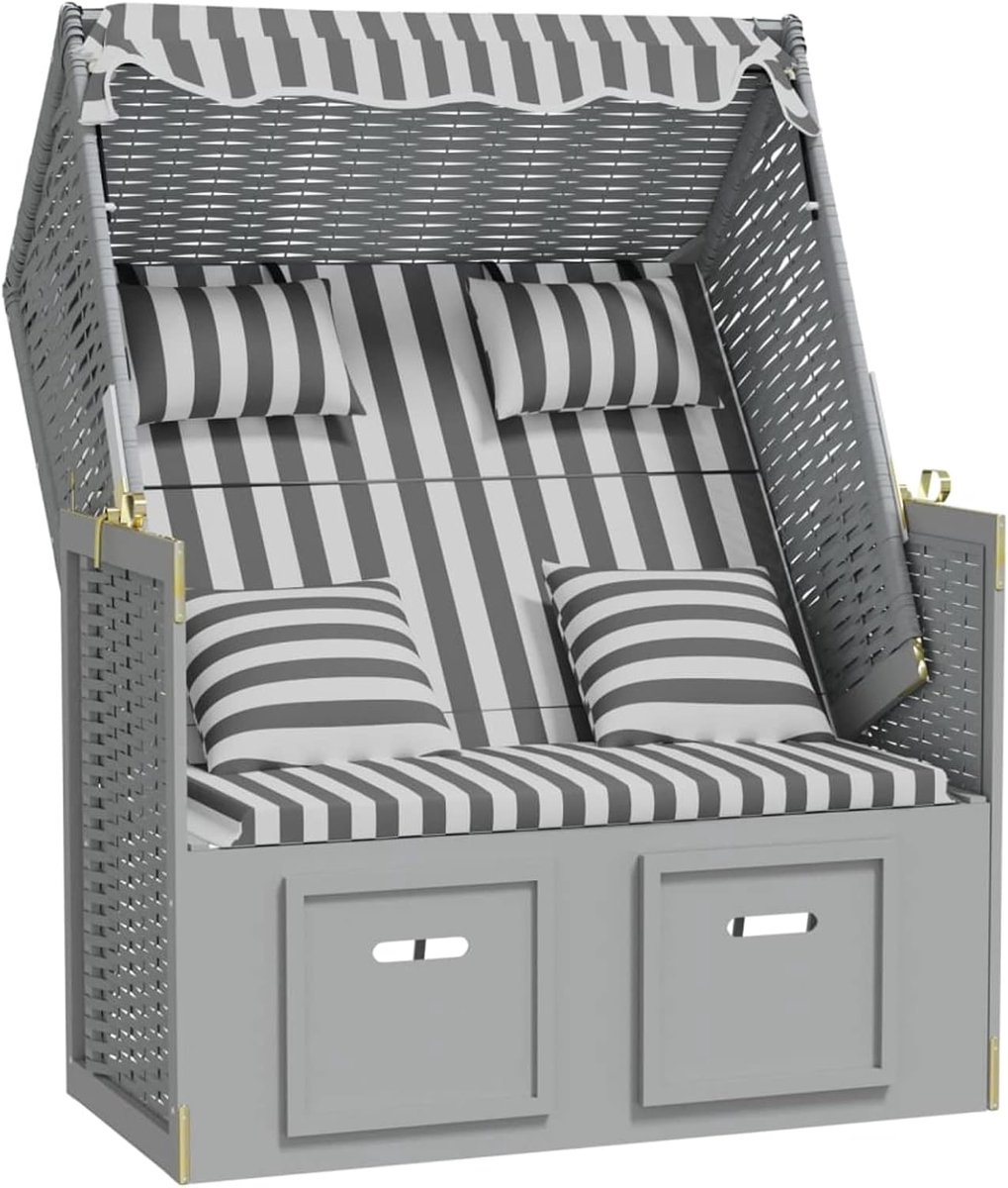 Strandstoel met kussen, polyrotan en massief hout, strandstoel, zonnebed, loungebed, rotan bed, tuinligstoel, tuinlounge, 115 x 55 x 133/151/156 cm, met zonnedak, grijs en wit