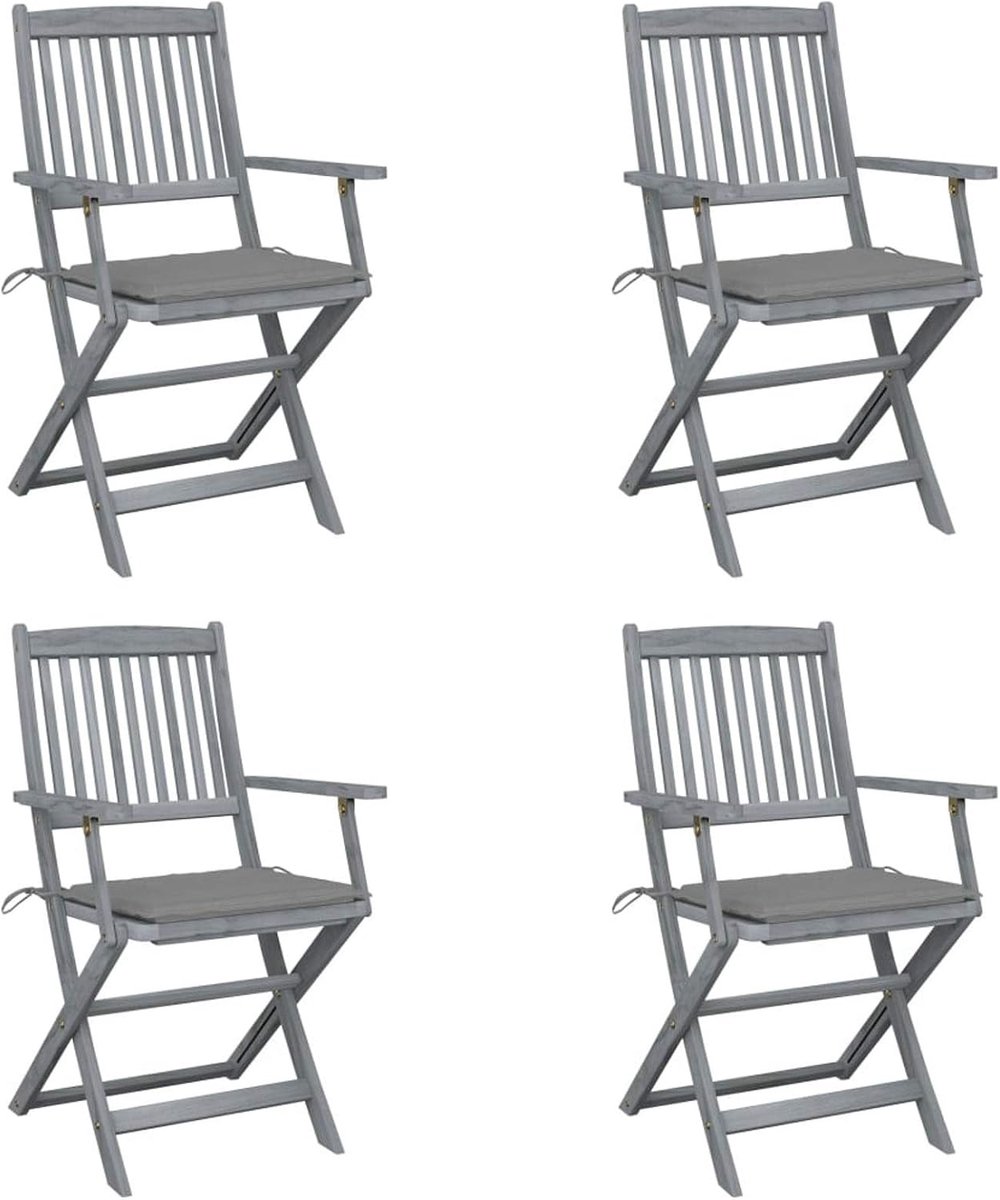 Inklapbare tuinstoelen, 4 stuks, met zitkussen, eetstoelen, klapstoelen, stoelen, terrasstoelen, tuinmeubelen, tuinstoel, houten stoel, ideaal voor balkon, tuin, terras, massief hout, acacia