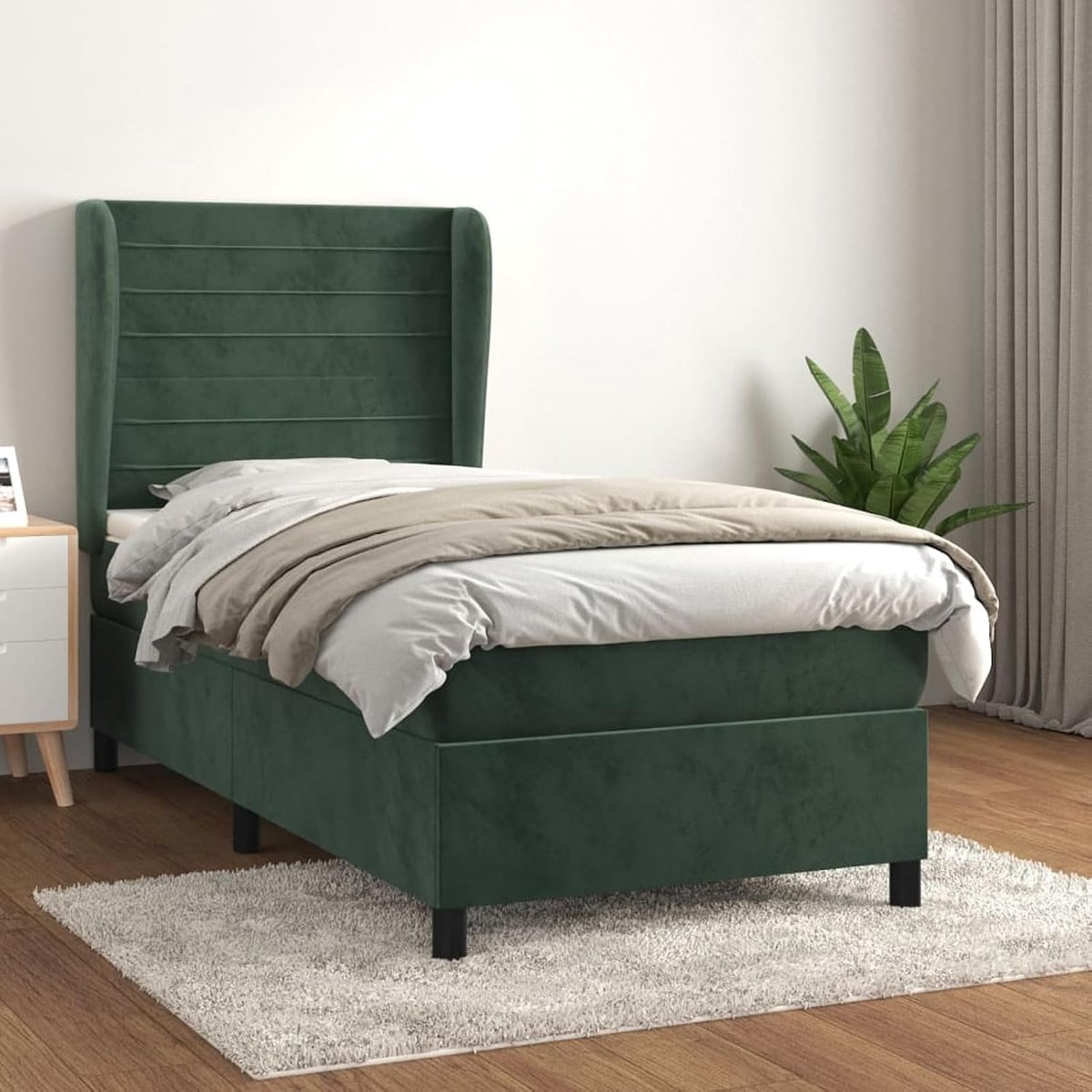 Boxspringbed met matras, donkergroen, 90 x 200 cm, fluweel, gestoffeerd bed, stoffen hoofdeinde voor logeerkamer, slaapkamer, gastenverblijf Apartment3129252