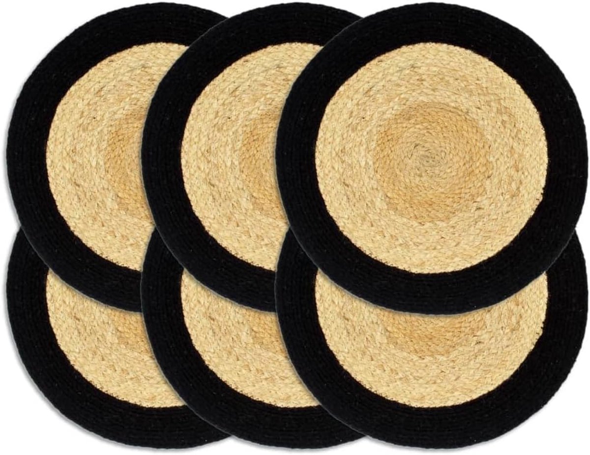 Placemats van jute en katoen, set van 6 in naturel en zwart, 38 cm diameter, zacht en onderhoudsvriendelijk, duurzame tafeldecoratie, duurzame placemats