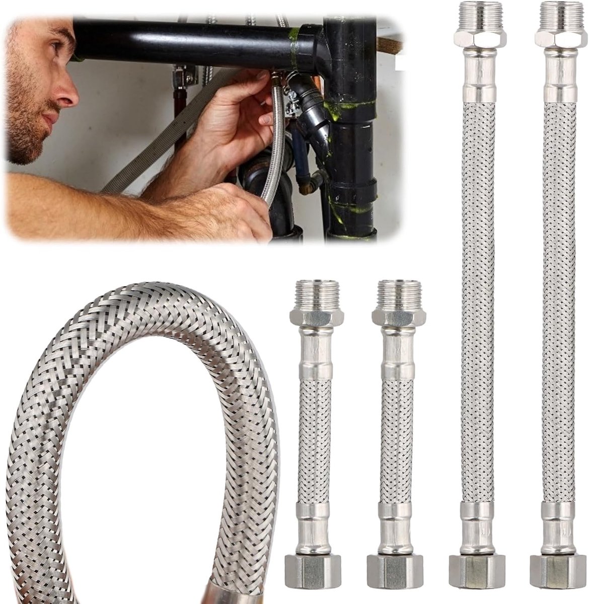 Slang 3/8", 4 stuks pantserslang 3/8 inch, 20 cm/10 cm flexibele slangen, 304 roestvrij staal, flexibele waterslang, wateraansluiting, verlenging, voor kraan, badkamer, toilet, keuken