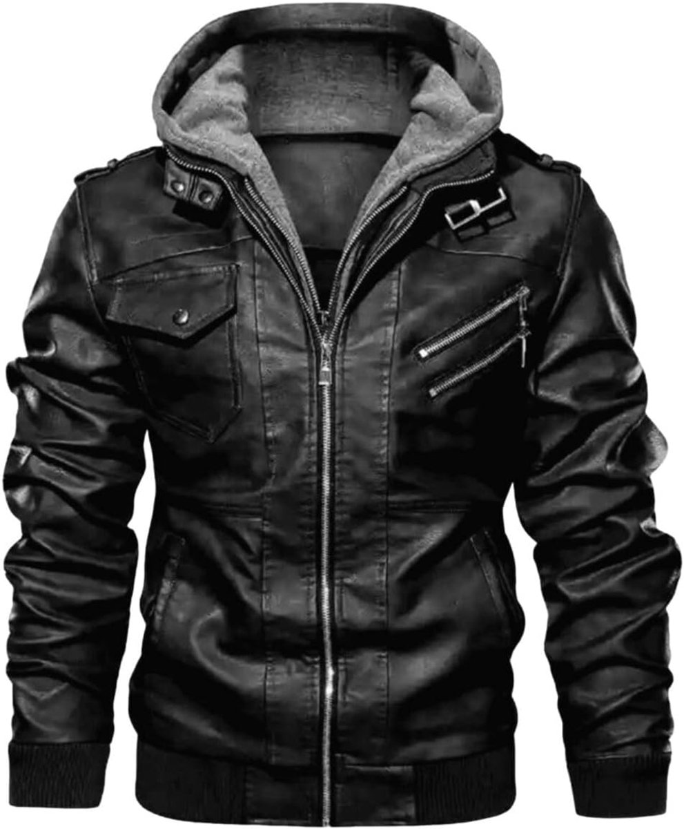 Design jas voor (Kleur: Zwart) (MAAT: SMALL) Winddicht Heren Leren Jas met capuchon Herfst Casual Slim Fit Jas met ritssluiting Winter
