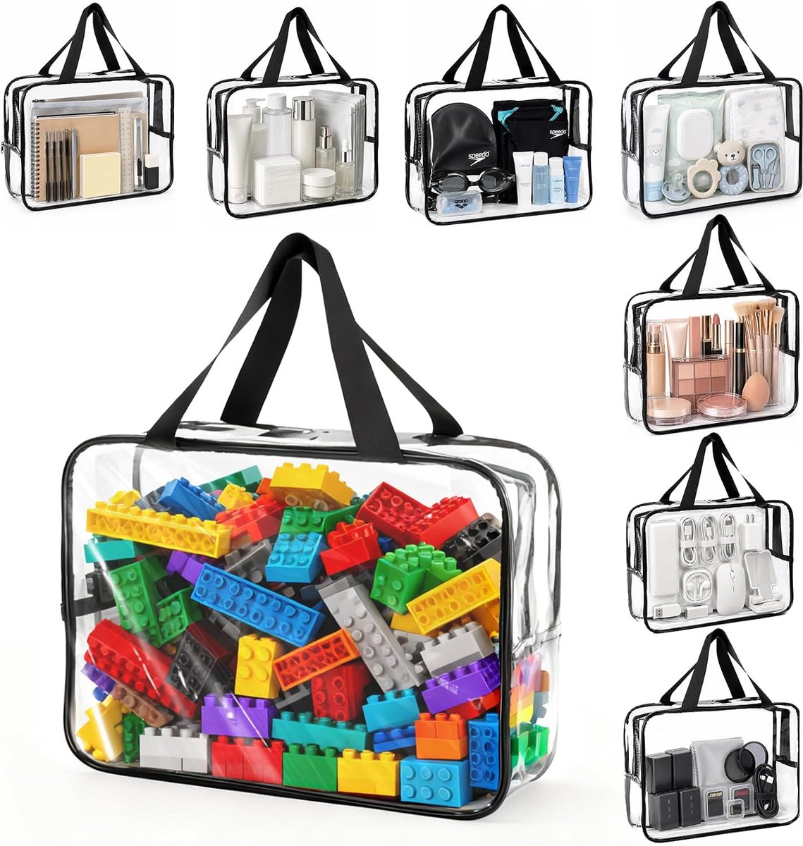 8 stuks opbergzakken voor speelgoed, Lego opbergzak, PVC transparante toilettas, waterdichte Lego speelgoedtas met ritssluiting, voor puzzel, bouwstenen, boeken