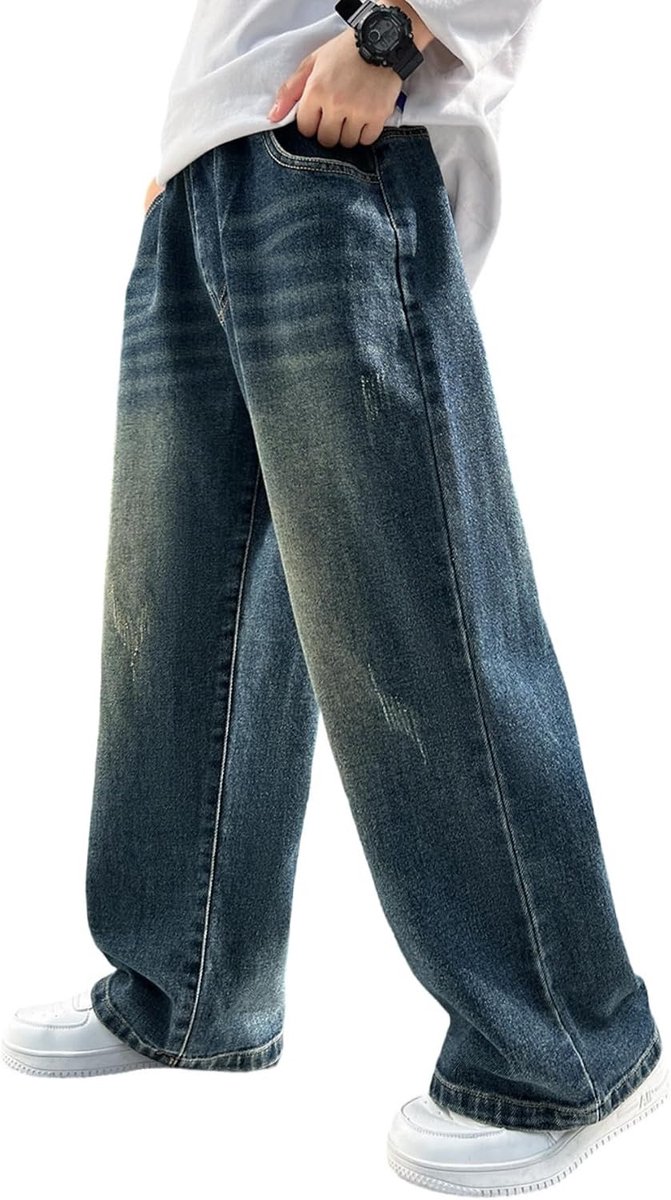 Jeans voor jongens, brede pijpen, elastische taille en meerdere zakken, cargobroek jeans voor kinderen
