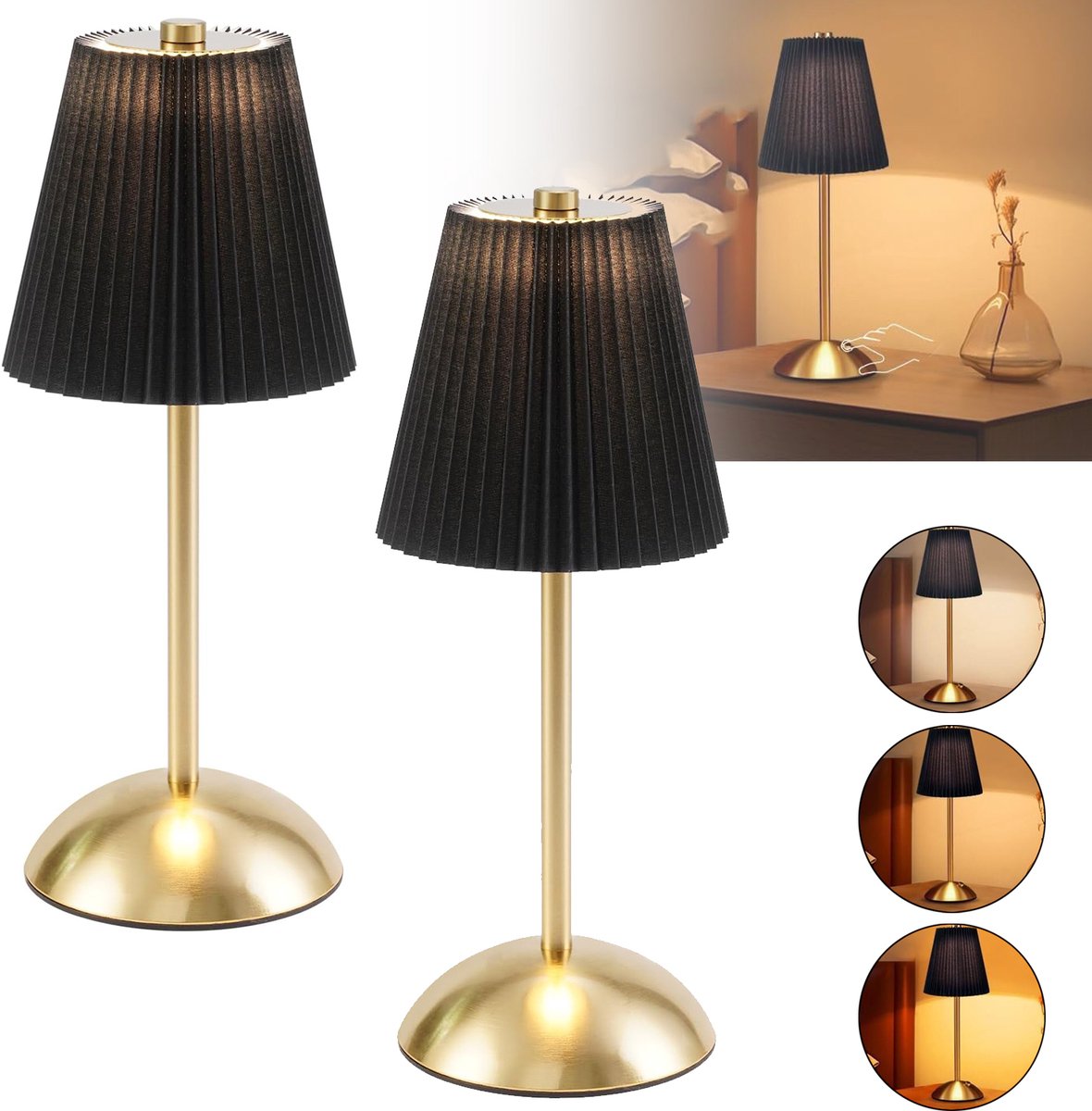 Set Van 2 Draadloze Tafellampen - LED-Aanraaklampen - Nachtlampje Met Stoffen Kap - Bureaulamp - 3-Kleuren Dimbaar