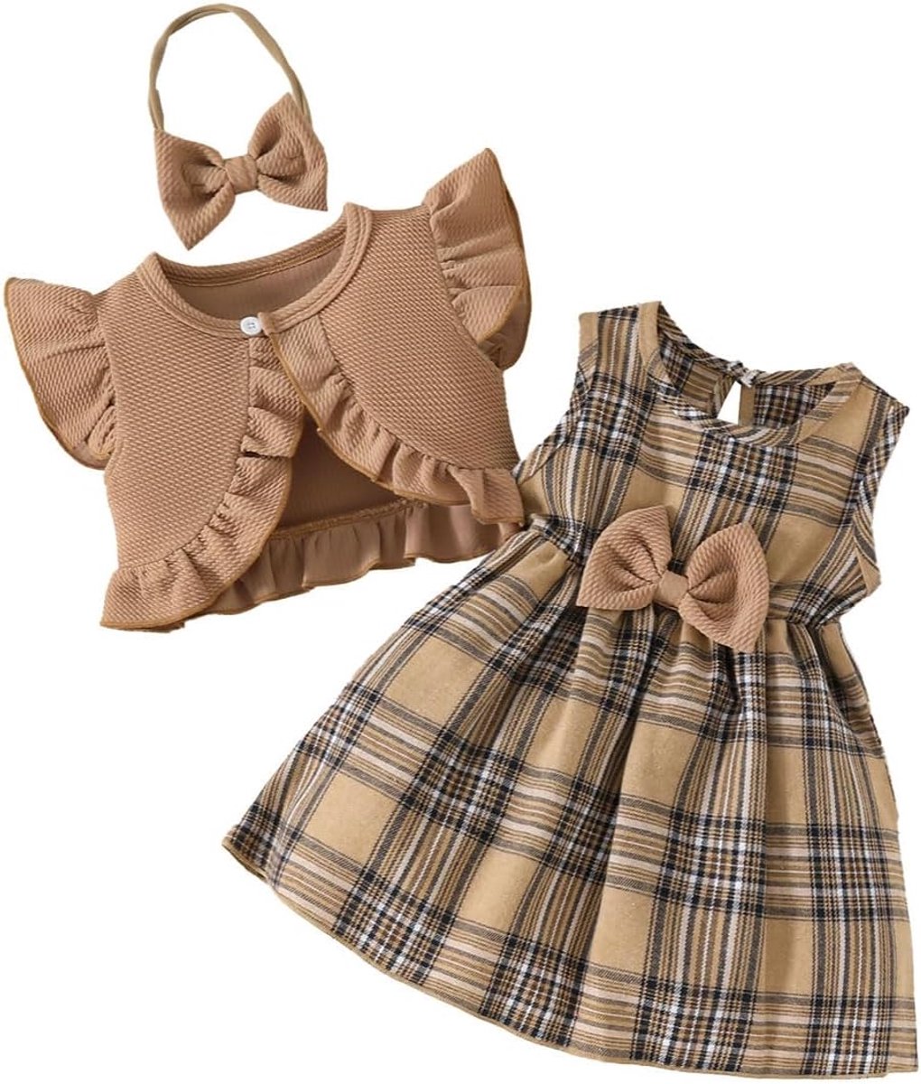 Geruite Jurk + Vest 2-delige Outfit, Mouwloze Jurk met Strik en Prinsessenstrepen en Jas met Ruches aan de Mouwen en Hoofdband voor 6 Maanden tot 3 Jaar, Bruin