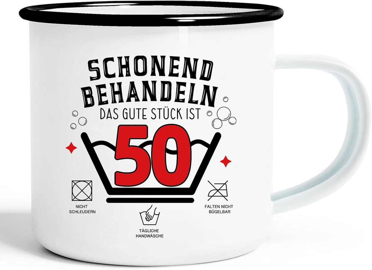 Mok voor 50e verjaardag, cadeau voor de 50ste verjaardag, voor man en vrouw, emaille beker, blikken beker met spreuk, voorzichtig behandelen, voor wandelen, caravan, camper, uitstapjes