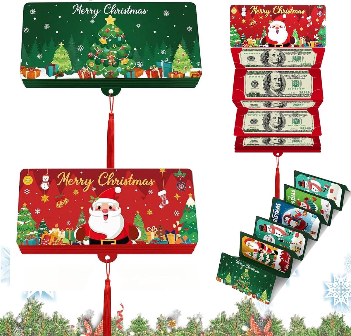 geldcadeauenvelop, 10 vakken, ontwerp met kerstman gouden pompon, elegant cadeau voor contant geld of cadeaukaart