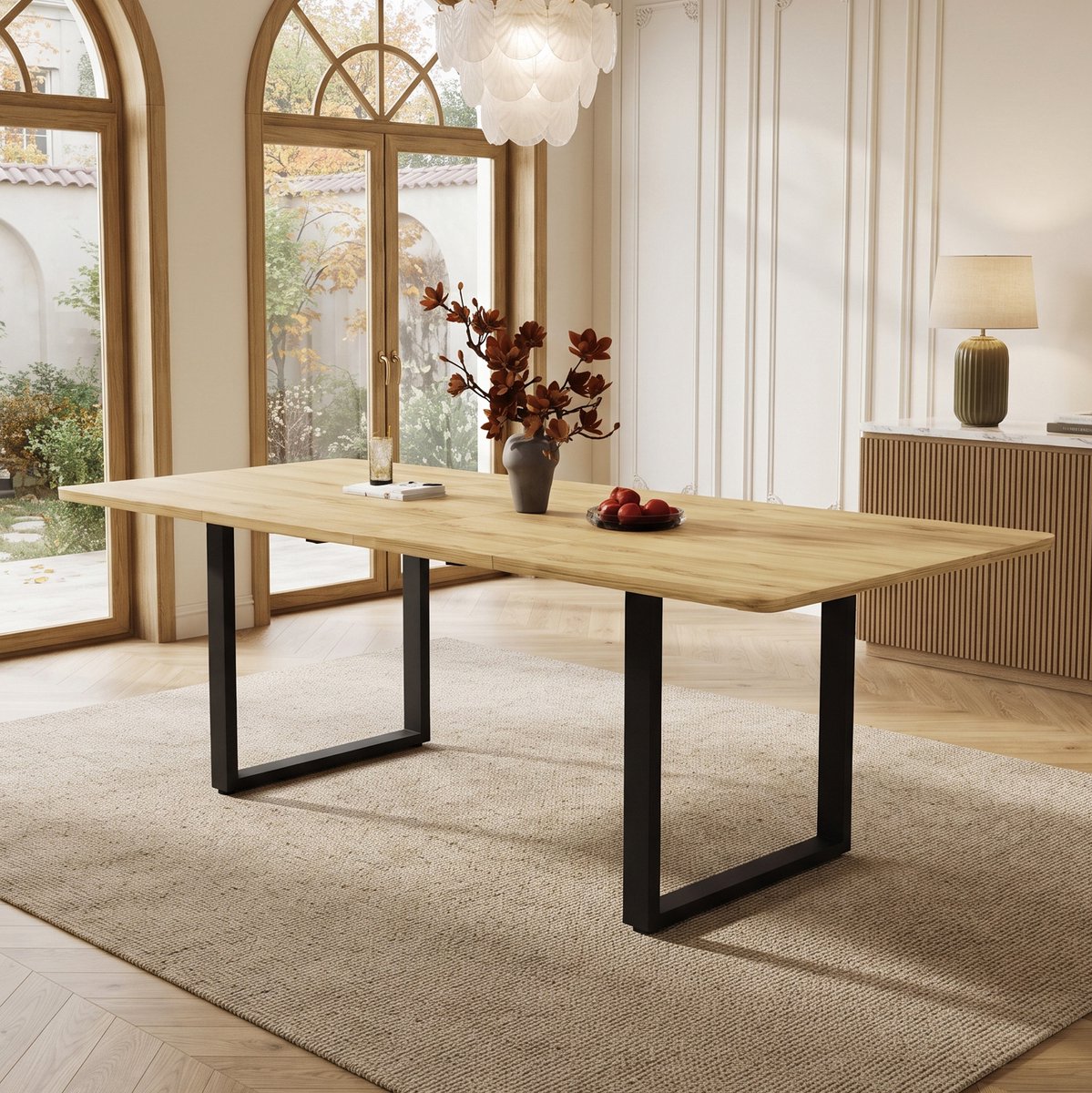 DESMIU Eettafel - Uitschuifbaar In Drie Lengtes - Voor 6 Tot 10 Personen - MDF En Metaal - 220x80x75 Cm - Naturel