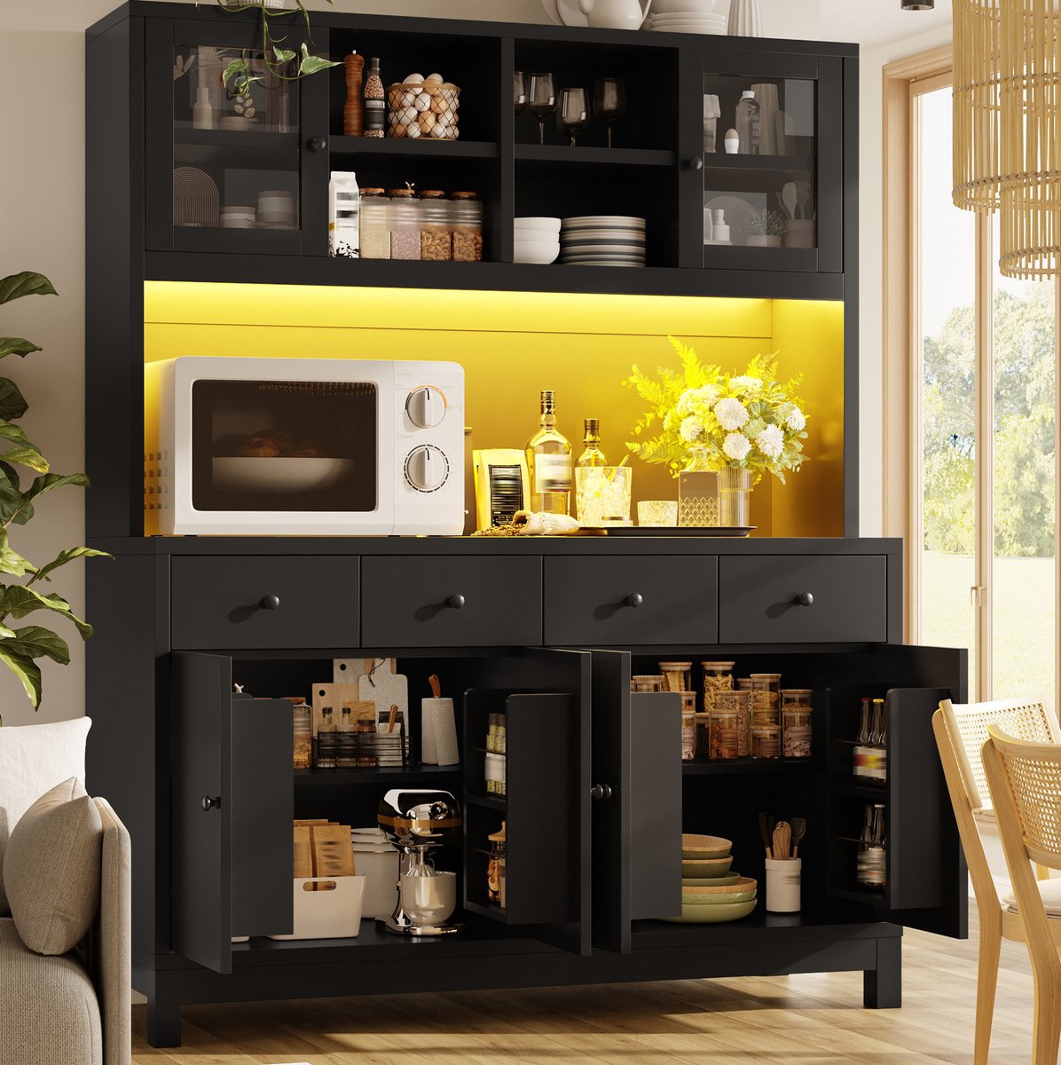 MODENUIT Keukenkast 140 x 38,5 x 180 cm - RGB-Led Met Appbediening - Keuken En Eetkamer - MDF Zwart