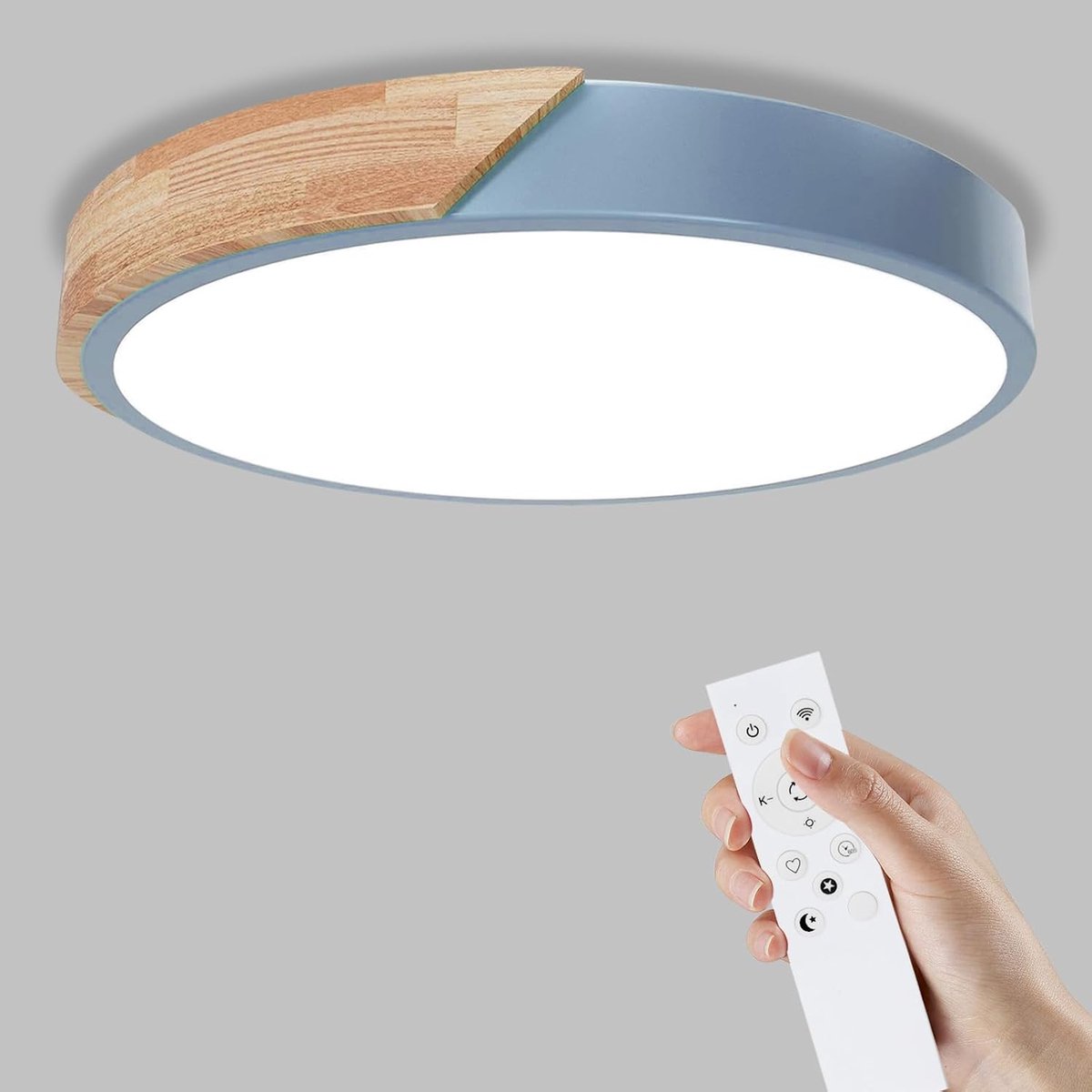 Houten Plafondlamp, Dimbaar Plafond, 3000 K-6000 K, Led-Plafondlamp, Afstandsbediening, 32 W, Moderne Lamp Voor Woonkamer, Slaapkamer En Hal, 30 cm, Blauw