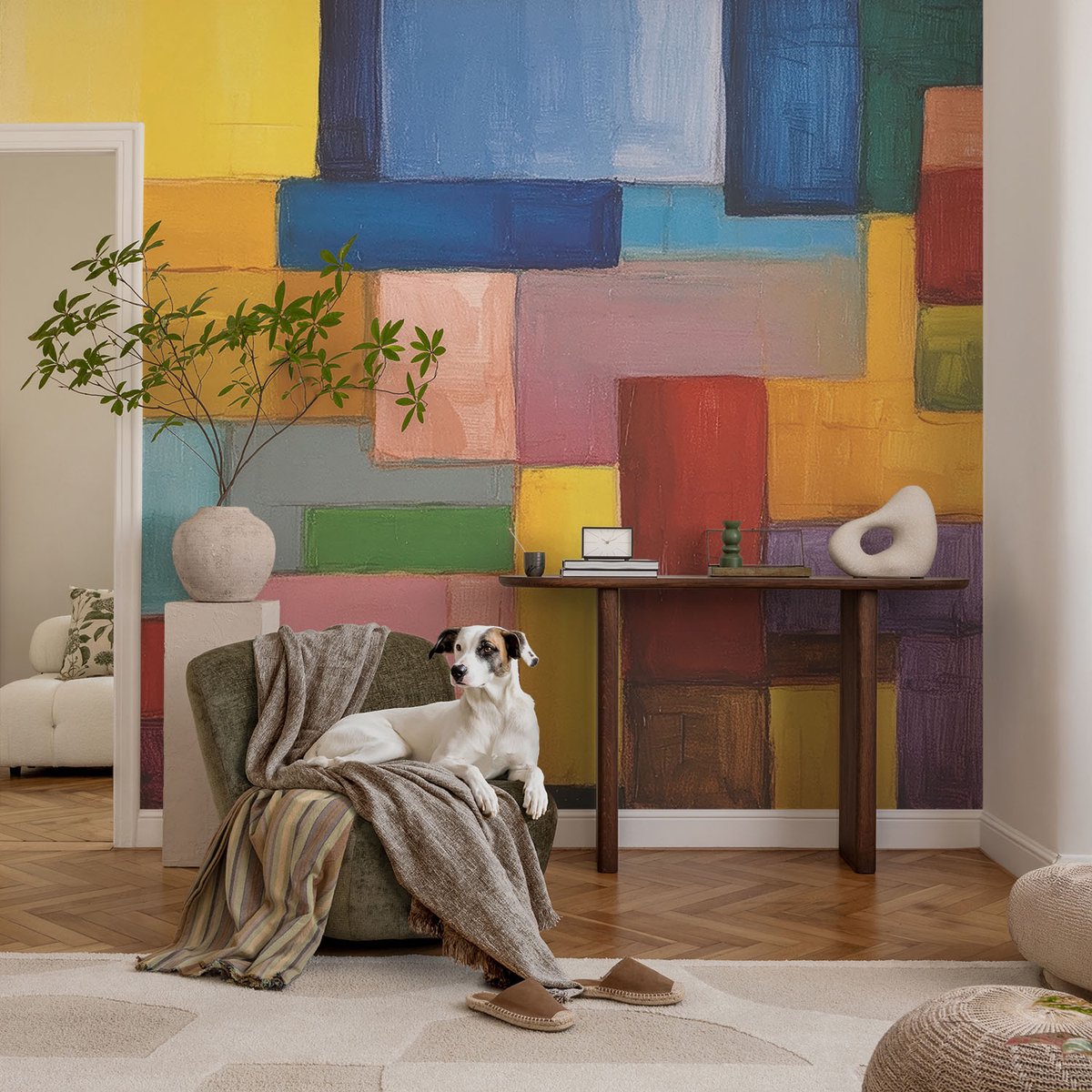 Coloray Vliesbehang - Geel Snellijm Behang - 104x70 cm - Gekleurde Rechthoeken Fotobehang Vlies - Woonkamer behang Abstractie - Muurschildering - Hal behang