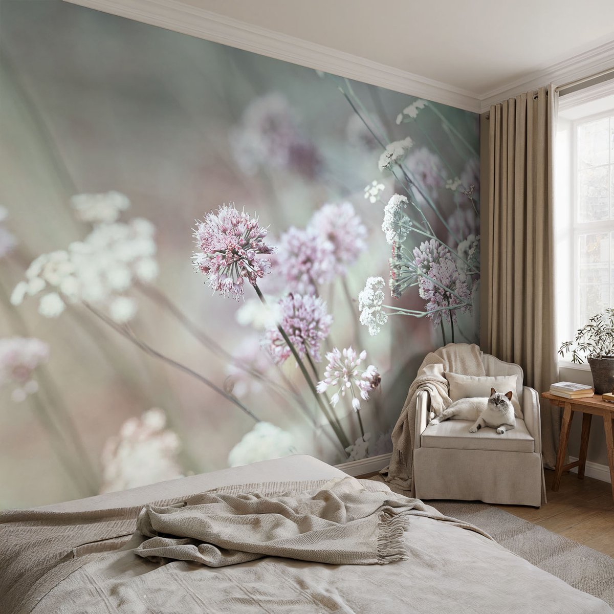 Coloray Vliesbehang - Wit Snellijm Behang - 104x70 cm - Wilde Bloemen Muurschildering - Slaapkamer behang Bloemen En Planten - Fotobehang Vlies - Slaapkamer behang