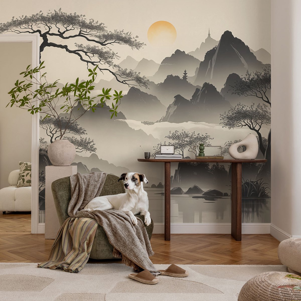 Coloray Vliesbehang - Zwart-Wit Snellijm Behang - 104x70 cm - Oostelijk Landschap Muurschildering - Slaapkamer behang Landschappen - Fotobehang Vlies - Gang behang