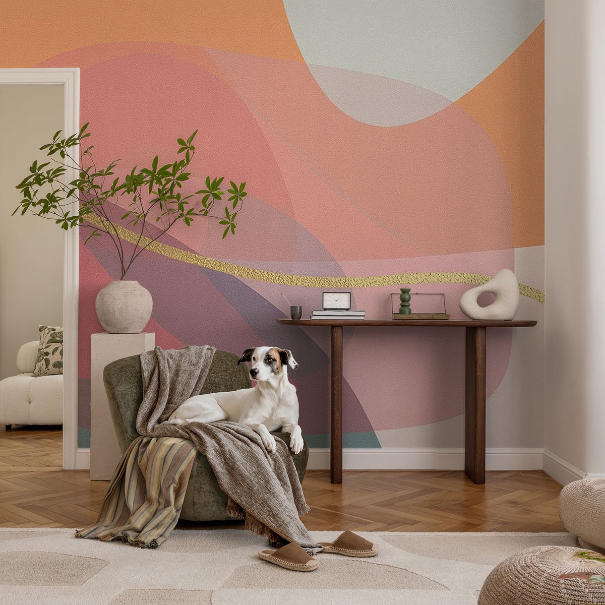 Coloray Vliesbehang - Oranje Snellijm Behang - 104x70 cm - Kleurrijke Vormen Muurschildering - Slaapkamer behang Abstractie - Fotobehang Vlies - Slaapkamer behang