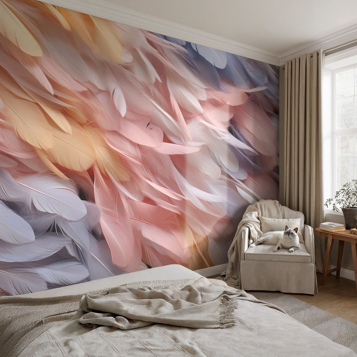 Coloray Vliesbehang - Roze Snellijm Behang - 104x70 cm - Pastelkleurige Veren Muurschildering - Slaapkamer behang Texturen - Fotobehang Vlies - Slaapkamer behang