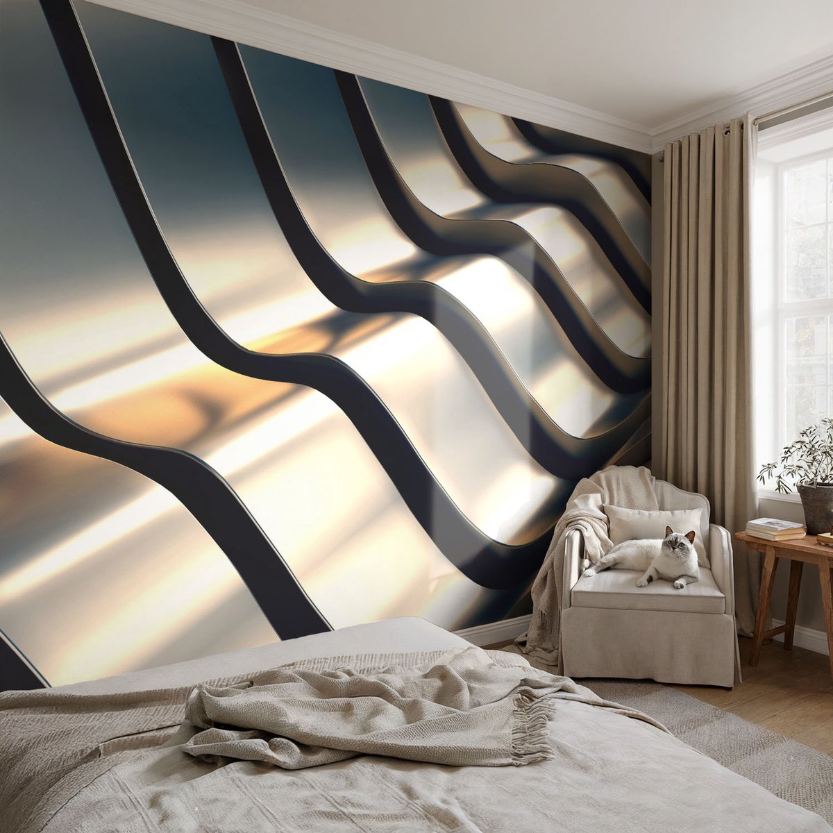 Coloray Vliesbehang - Grijs Snellijm Behang - 104x70 cm - Metalgolven Fotobehang Vlies - Woonkamer behang Geometrie - Muurschildering - Woonkamer behang