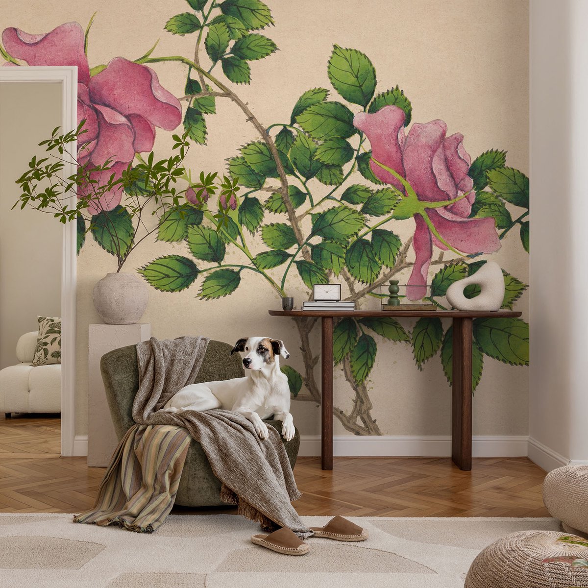 Coloray Vliesbehang - Beige Snellijm Behang - 104x70 cm - Romantische Rozen Fotobehang Vlies - Woonkamer behang Bloemen En Planten - Muurschildering - Woonkamer behang