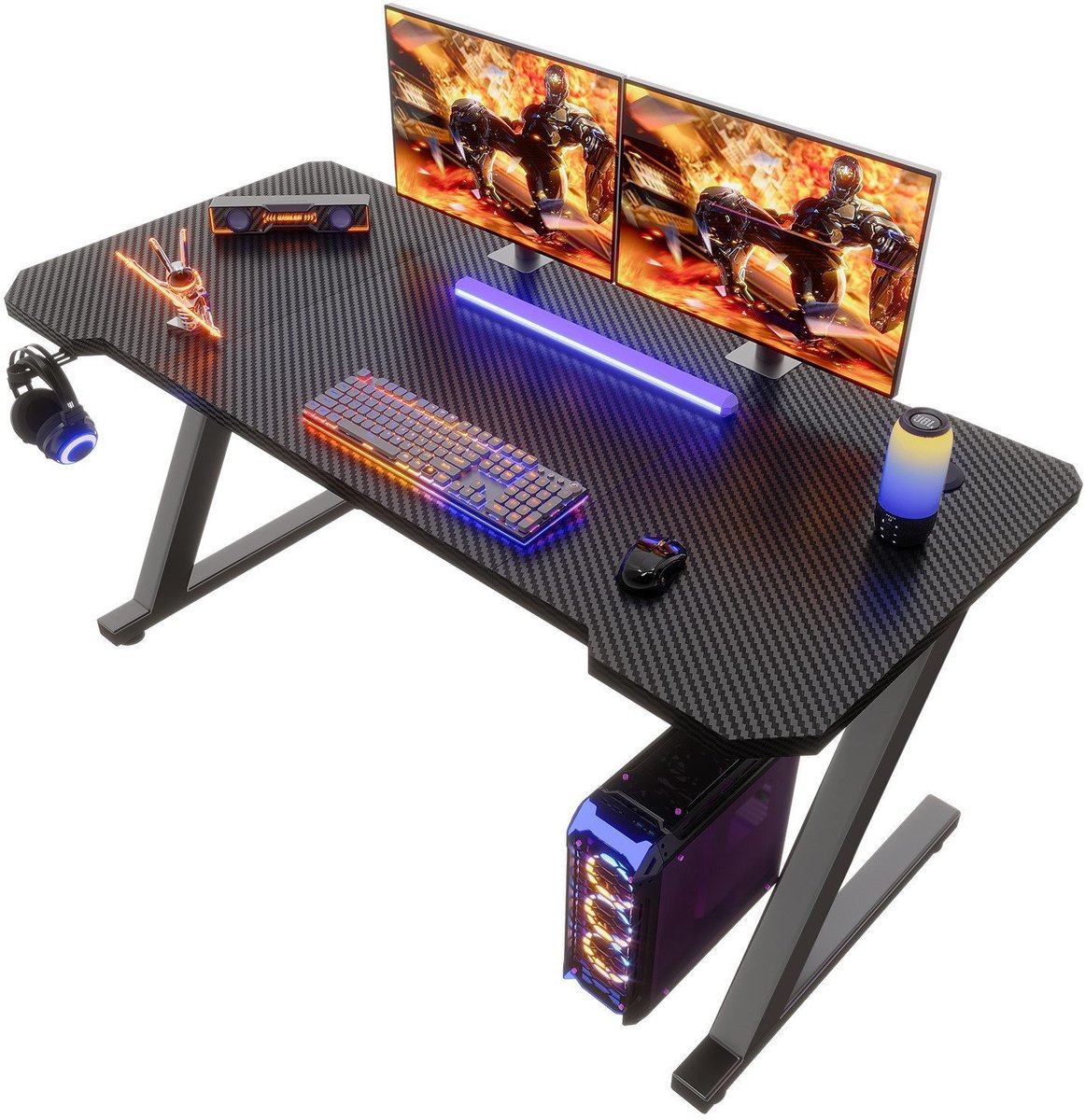 Devoko Gamingbureau 120*55 cm Breed – Carbonlook Bureau met Z-vormig Stalen Frame – Draagvermogen 80 kg – Koptelefoonhaak en Kabeldoorvoeren – Zwart