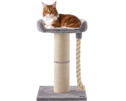Jake and Jacky Arbre à chat pour grands chats avec panier - Avec corde de jeu - Gris/Crème - 57x57x90 cm - Ø Poteau à griffer en sisal 20 cm