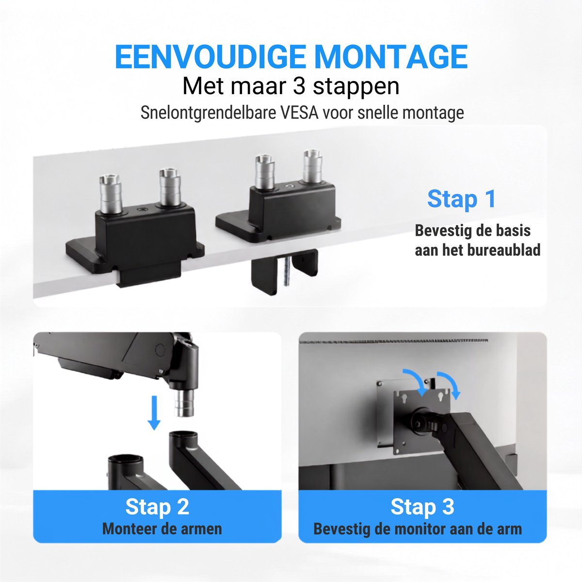 LEVANTU® Monitor Arm 2 schermen - 17 tot 35 inch- 16kg - dubbel Monitorbeugel - Monitorarm gasveer - Zwart thumbnail 2