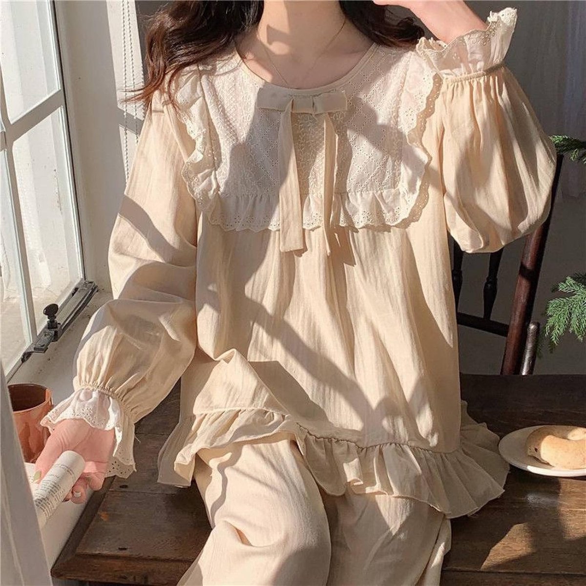 Pyjama Set Met Ronde Hals - Lente Mode Katoen Linnen Effen Kleur Zoet Borduursel Kant Trendy Nachtkleding, Zacht Chique Prinsessenstijl Nachtkleding Met Lange Mouwen Homewear Ademend Slaapshirt