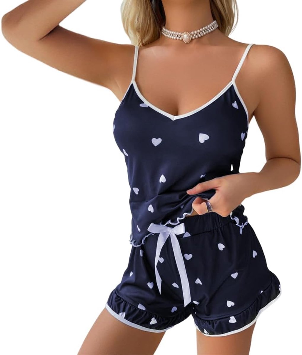pyjama voor dames, tweedelige korte pyjamaset met hartprint, sexy, zijde, mouwloos, buikvrije top, camisole en korte broek, nachtkleding, zomer, overhemd, pyjama, huispak, loungewear