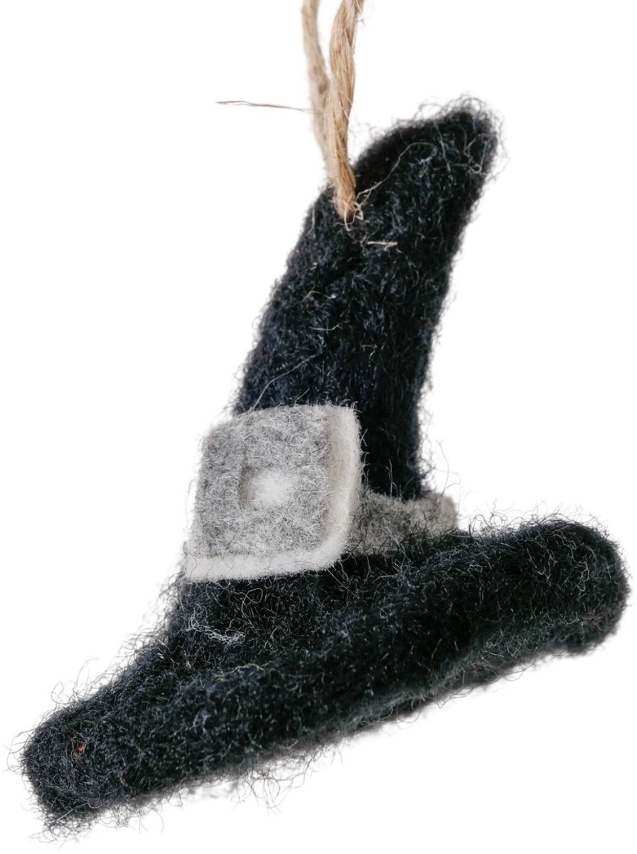 Boltze decoratiehanger Spooky hoed zwart met grijze gesp 5 cm