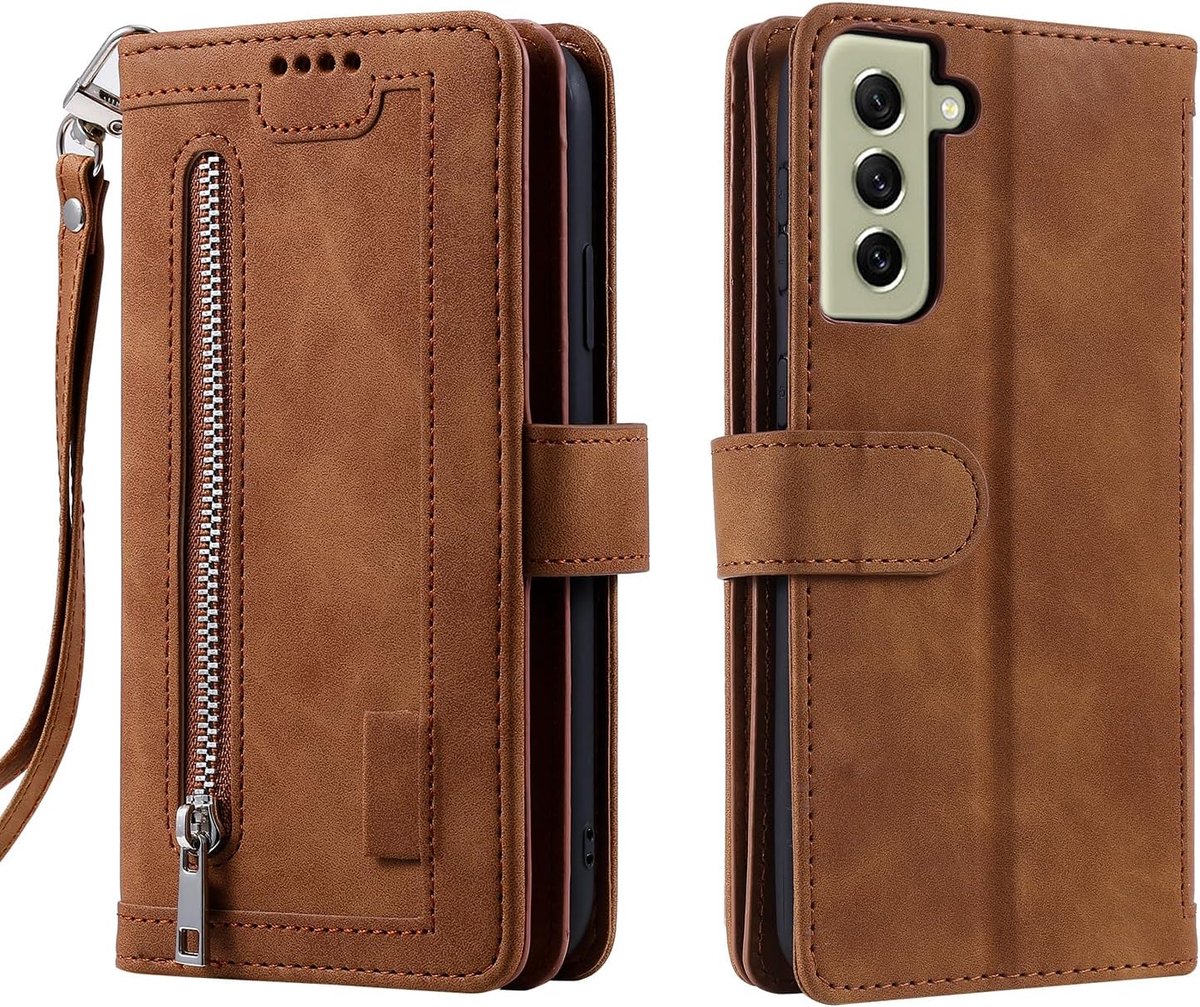 Hoes voor mobiele telefoon voor Samsung Galaxy S22, klapbare telefoonhoes, beschermhoes, klaphoes met standfunctie, kaartenvak, mobiele telefoon, tas, book flip case, bruin