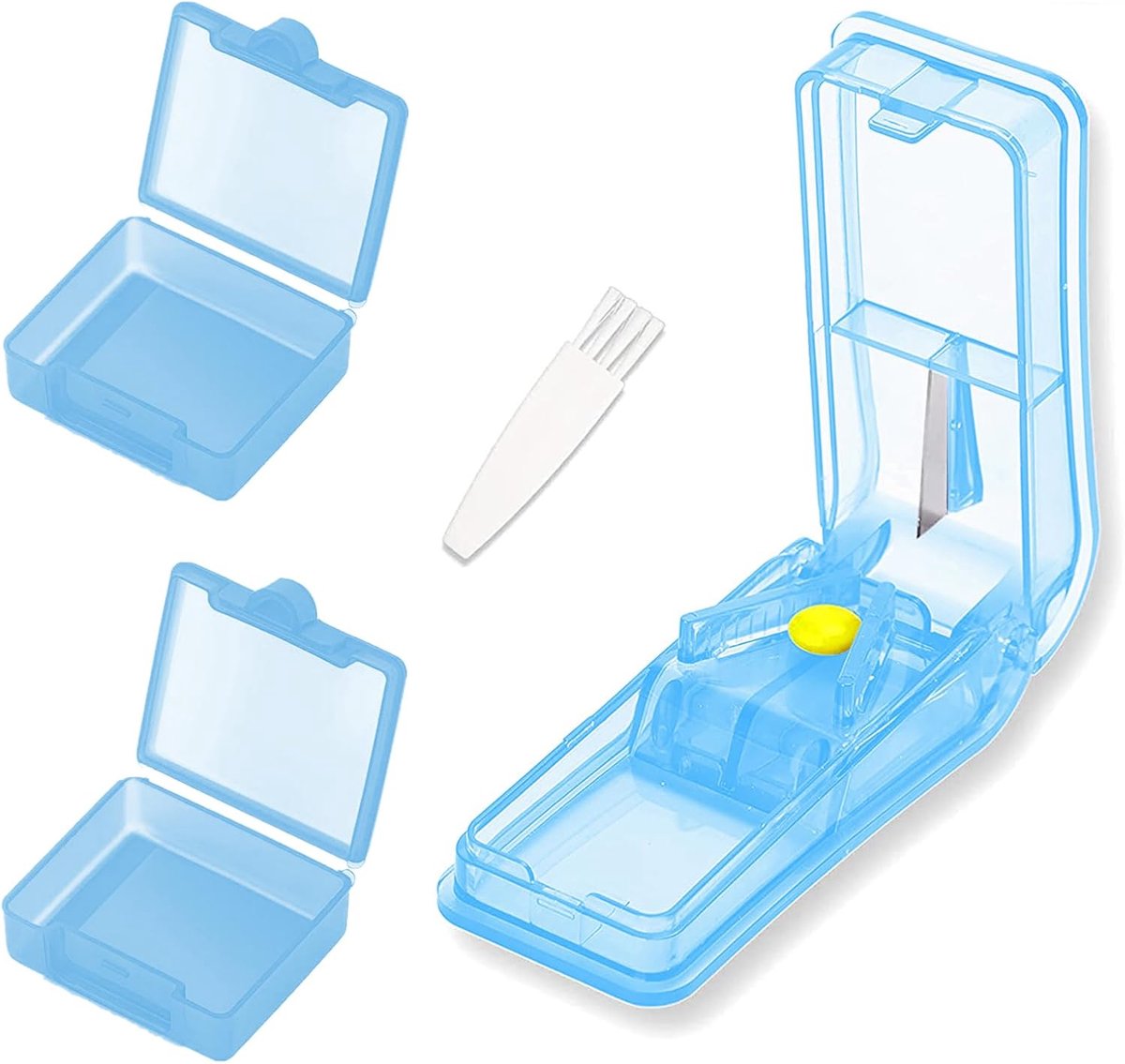 Tablettenverdeler met 2 tablettenbox, medicijnverdeler voor kleine en grote tabletten, pillenscheider, deelt de pillen nauwkeurig, tabletten in een half kwart snijden (blauw)