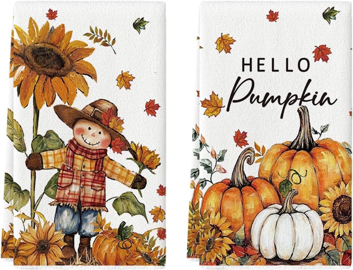 Set van 2 Herfst Keukentextiel: Pompoen, Zonnebloem en Esdoornblad | Zachte, Absorberende Theedoeken (42x65 cm)