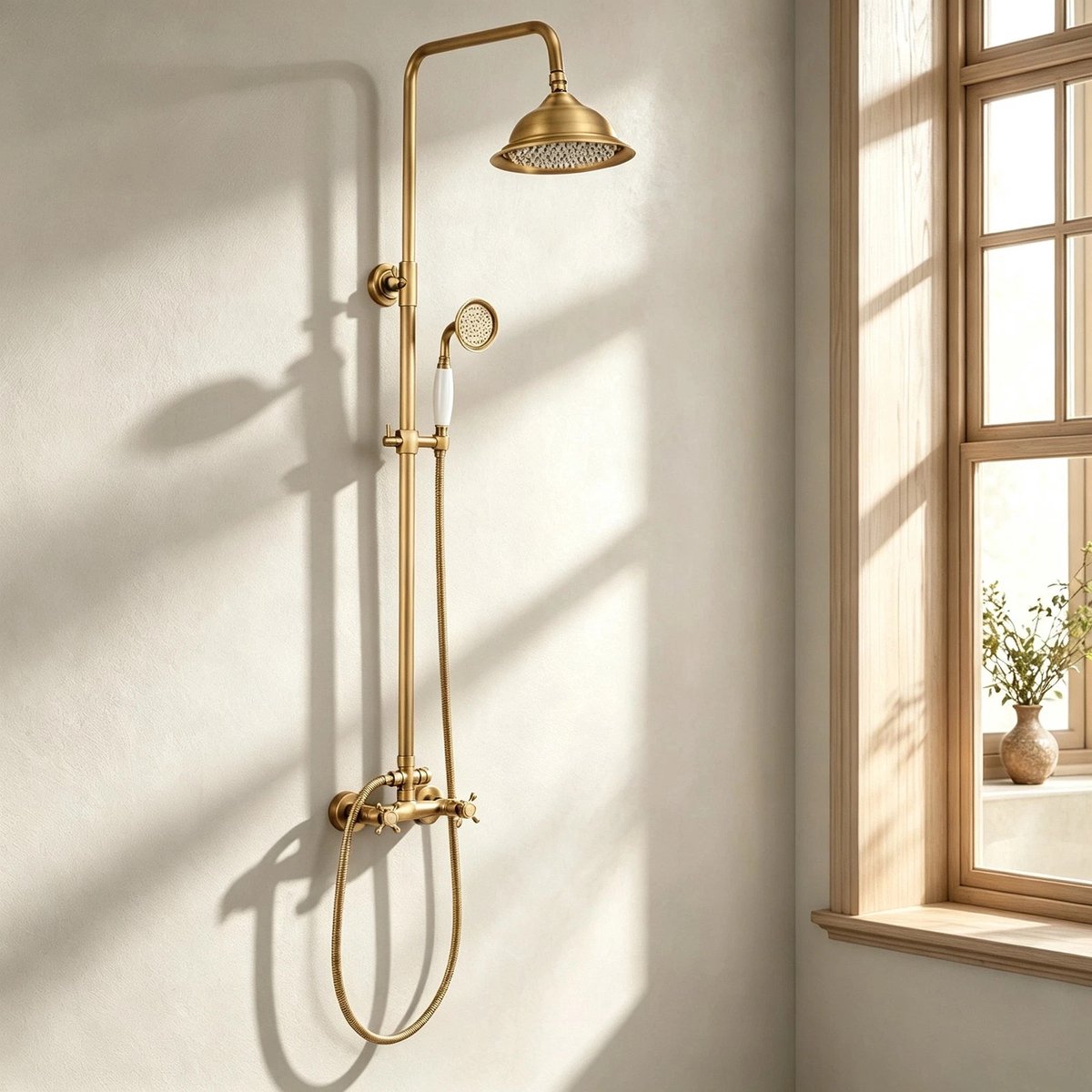 Auralum Retro Regendouche - Retro Doucheset - Antiek Messing Douchesysteem - Met Dubbele Handgreepkraan - Hoogte Verstelbaar 96-135 cm - Douchekolom - Waterbesparend - Goud
