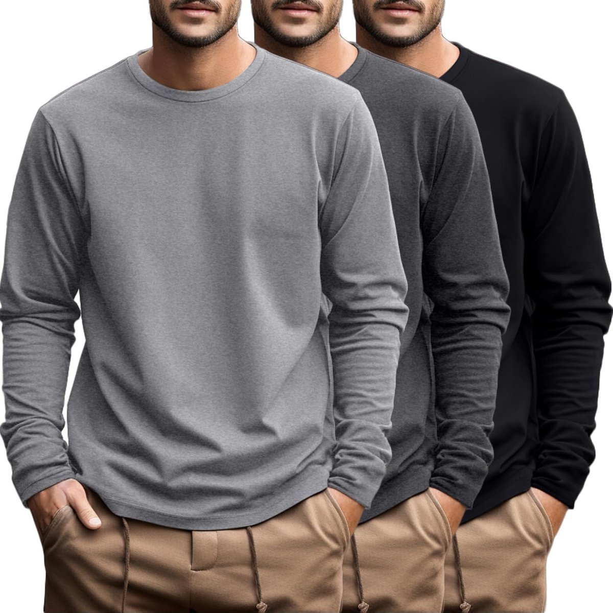 3-Pack Herenoverhemden, Grote en Lange Mouwen, Katoenen T-Shirt, Ronde Hals, Oversized Tops, Casual Overhemden