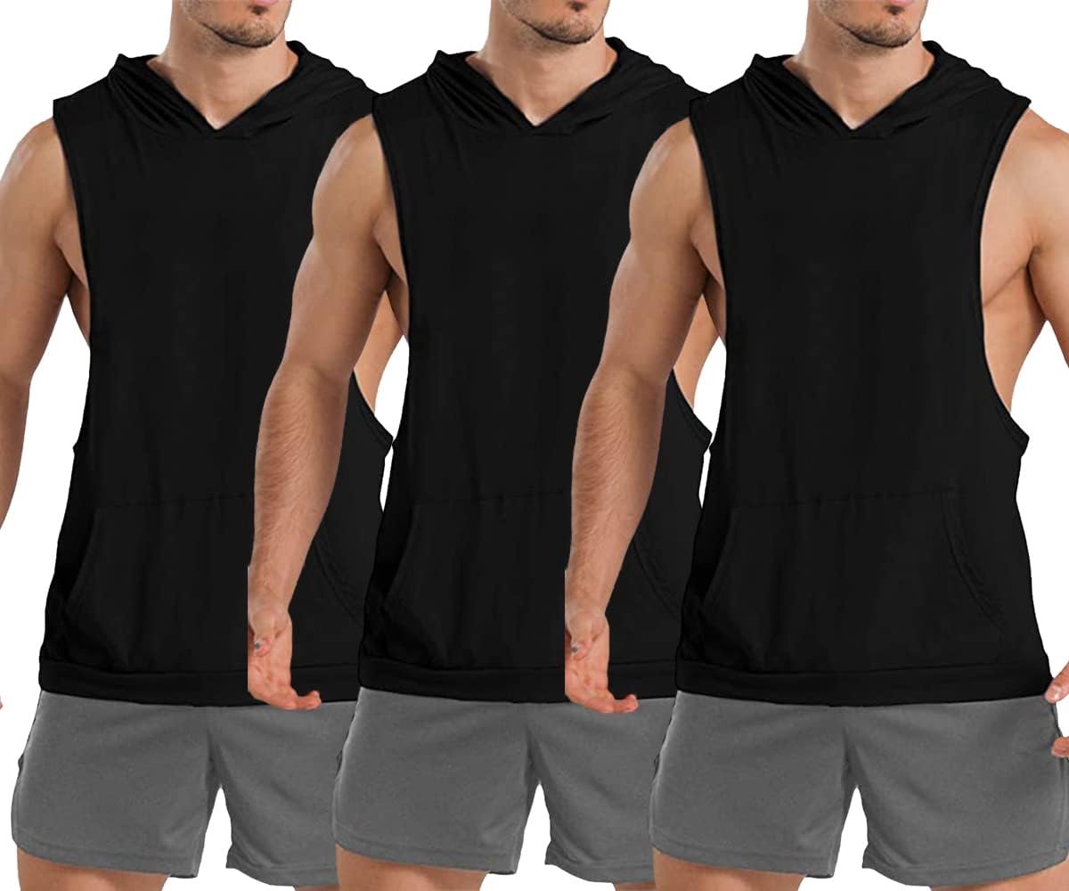 Tanktop voor heren, mouwloos, spiershirt, workout, sport, fitness, hoodie, bodybuilding, spieren, capuchon, tanktops, zwart + zwart + zwart., XL